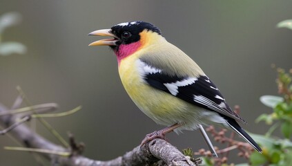 Naklejka premium Evening Grosbeak Coccothraustes Vespertinus Colorful Songbird with Yellow Plumage