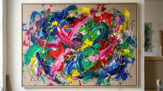 Vibrant abstract expressionist painting with colorful paint splatters on canvas in art studio