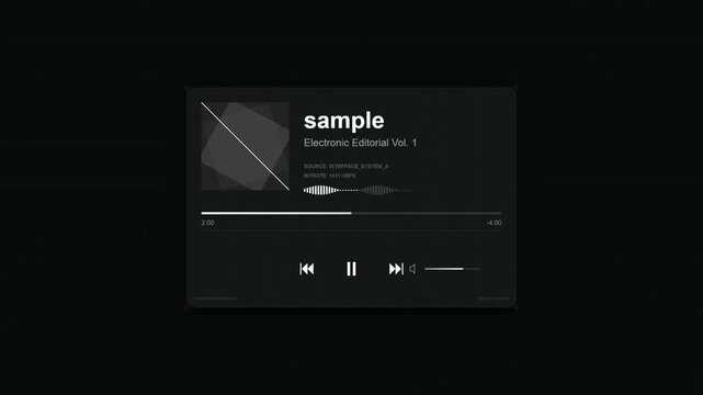Minimalist dark music player user interface design featuring a sound waveform and playback controls for digital audio streaming applications