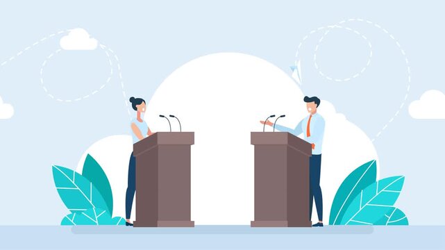 Man and woman speakers talking behind tribunes with microphones. Political debates, corporate conference presentation, public speaking speech or business discussion. 2d flat animation. Video