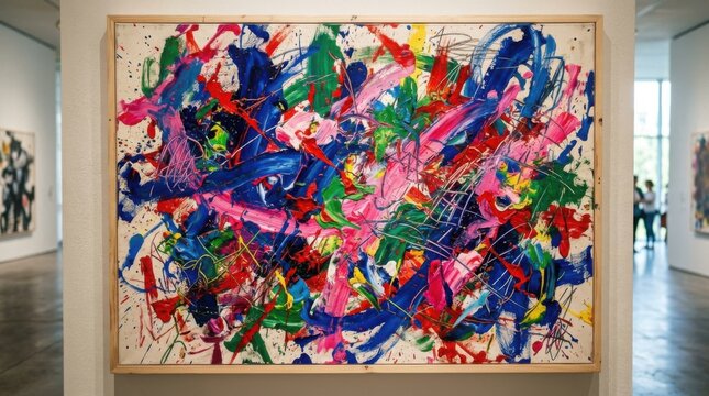 Vibrant abstract expressionist painting displayed on a gallery wall in a modern art museum.