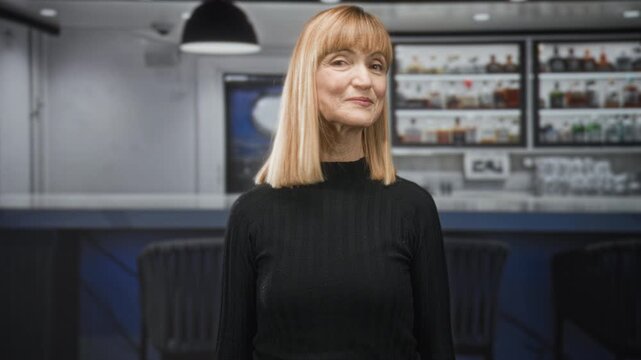 Woman with face turned right, smiling and looking at a bar counter inside a building; quiet confidence.