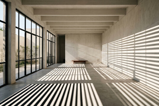 Modern concrete interior with dramatic window blind gobo shadows. 