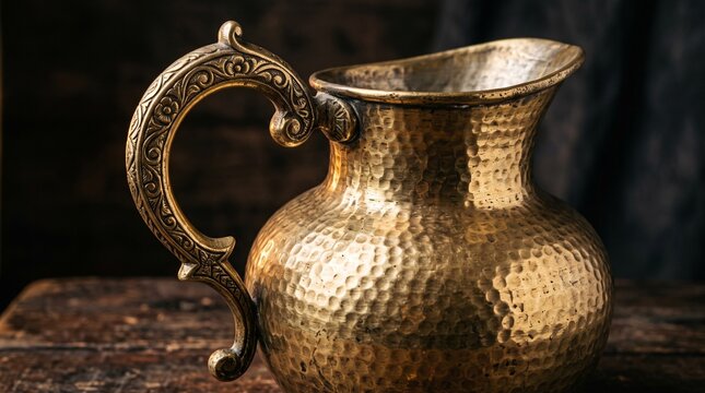Antique Hammered Brass Water Pitcher with Engraved Handle Macro Shot