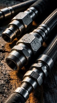 Heavy duty industrial hydraulic hoses and connectors lie on a rough textured wooden surface. Metal fittings show wear, suggesting robust machinery use in tough environments.