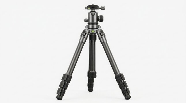 Professional aluminum camera tripod isolated on white background for photography equipment.