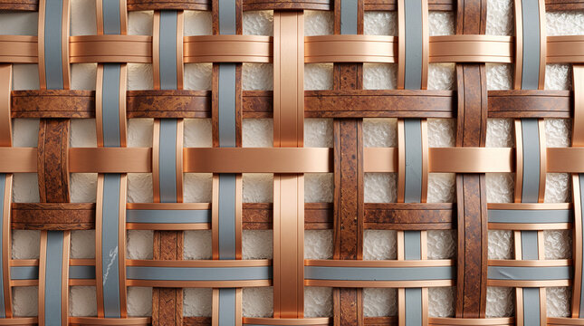 Luxury Modern Interwoven Lattice Pattern with Brushed Copper, Slate Grey Ribbons, and Textured Wood Paneling