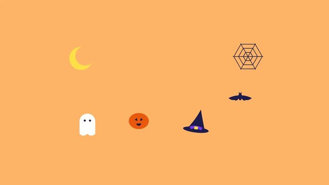 Minimalist Halloween icons on an orange background featuring a ghost, pumpkin, witch hat, moon, spiderweb, and bat.
