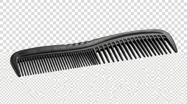 Black plastic hair comb isolated on white background for professional salon styling tools.