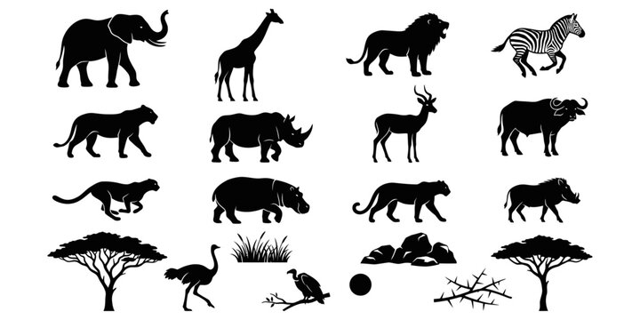 A diverse collection of african wildlife silhouettes features elephants lions giraffes zebras rhinos and trees on a plain white background illustration