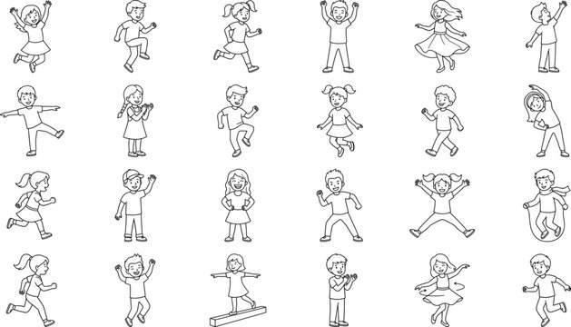 Children Line Art Collection, Happy Kids Running Jumping Dancing and Playing Activity Illustrations
