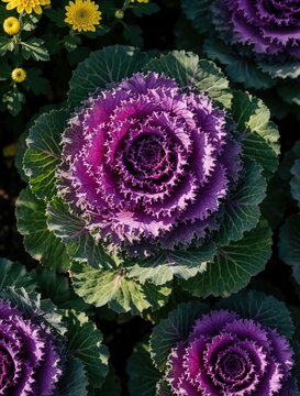 Purple ornamental cabbages grow in a garden with green leaves. Yellow flowers nearby add contrast. Sunlight shines on the plants showing detailed textures.