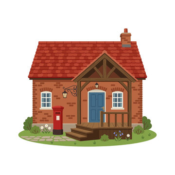 A charming vector illustration of a traditional English brick house with a red roof and mailbox