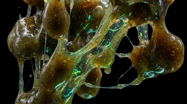 Macro Abstract Viscous Liquid Slime with Bioluminescent Green Particles Floating in Dark Space
