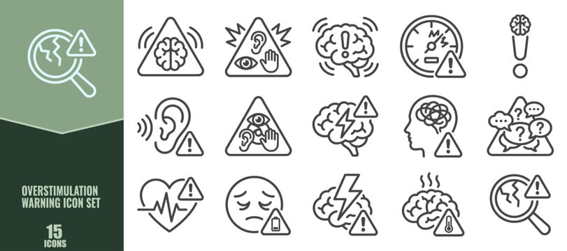 Overstimulation warning icon set, sensory overload signs, mental health and stress awareness, brain fatigue, neurological sensitivity, and cognitive burnout symbols