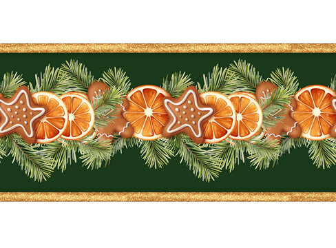 Christmas green seamless border gingerbread dried orange illustration