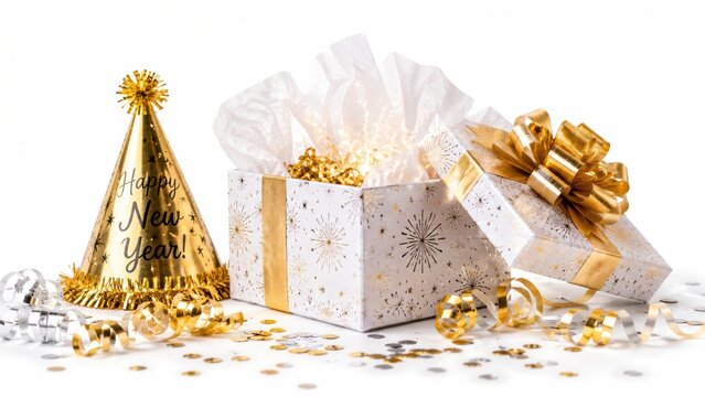 Festive New Year celebration scene with a gold party hat, open gift box, golden ribbons, and confetti on a white background.