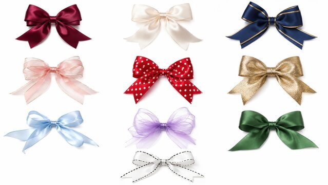 Nine decorative bows in various colors and patterns arranged in a 3x3 grid on a white background.