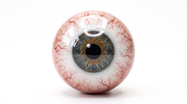 Realistic artificial human eyeball with detailed blue iris and red blood vessels isolated on a white background for medical and Halloween concepts