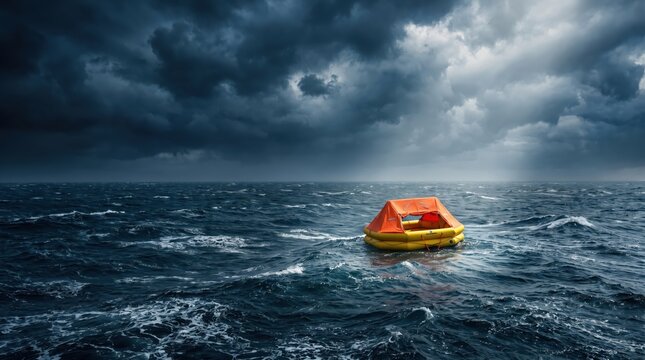 empty orange life raft floating in rough stormy ocean under dark dramatic clouds. shipwreck survival concept. danger and emergency at sea. banner, website header with copyspace.