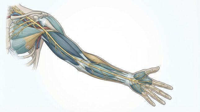 The detailed structure of peripheral nerves, nerve plexus, and dermatome in the human arm from a lateral view.