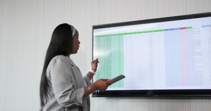 African woman presenting in blazer in office, reading tablet and pointing display, copy space