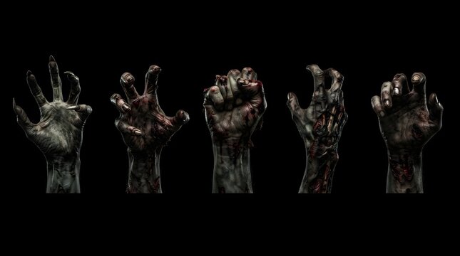 Set of five creepy zombie or monster hands isolated on black background