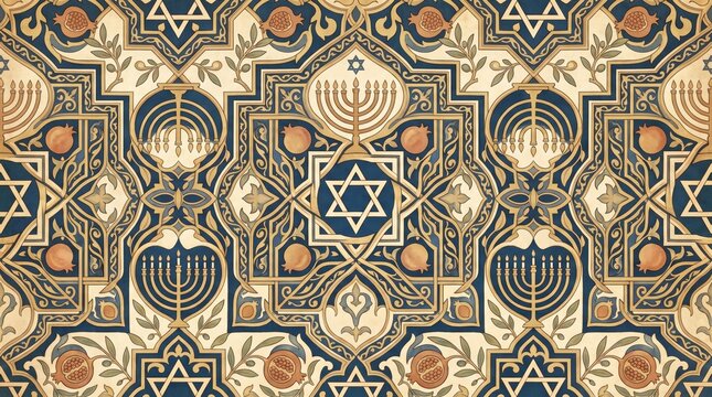 Seamless Ornate Jewish Cultural Pattern with Star of David Menorah and Pomegranate Motifs in Elegant Gold and Navy Blue Tones