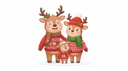 Fototapeta premium Festive cartoon family of reindeer wearing Christmas sweaters in a snowy winter scene.