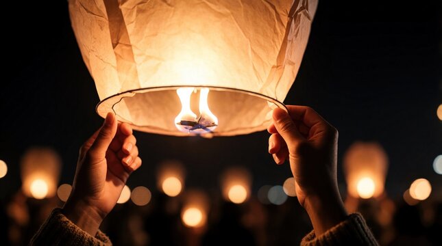 Hands hold glowing paper lantern launching into night sky. Many lanterns fly with wishes. Fire lights up darkness. Festive celebration atmosphere.