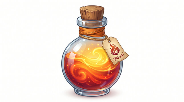 Fantasy fire potion in glass bottle, magic elixir with glowing orange liquid, RPG game asset illustration isolated on White Background