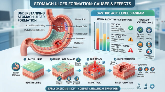 Stomach Ulcer Formation Infographic: Causes, Stages, and Gastric Acid Levels Diagram