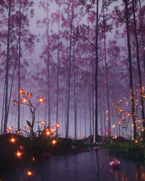Mystical Purple Forest Stream With Glowing Orange Flowers At Dusk