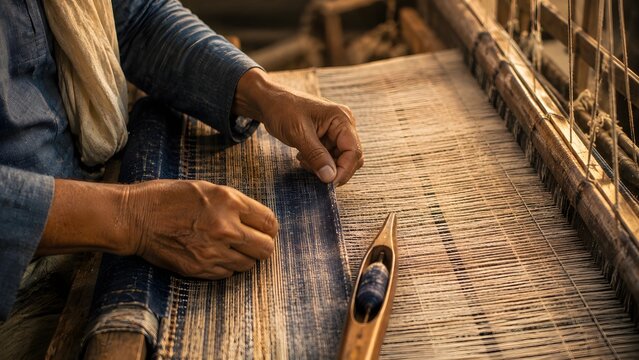 Close up of an old person's hands weaving blue fabric on a traditional wooden loom