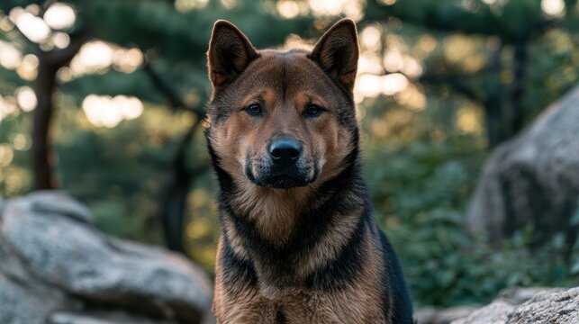 Jindo dog portrait in a pine forest beside rugged rocks and greens