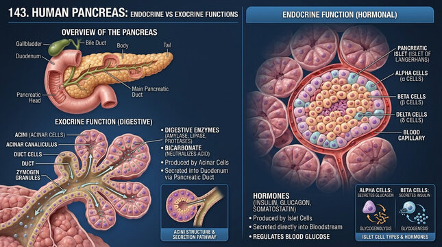 Comprehensive Human Pancreas Infographic Illustrating Endocrine and Exocrine Functions Anatomy and Hormonal Regulation