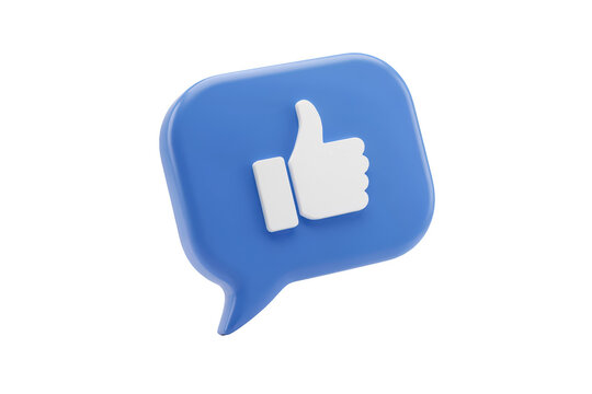 A3d rendered blue speech bubble featuring a white thumbs up symbol in the center, representing social media likes and feedback
