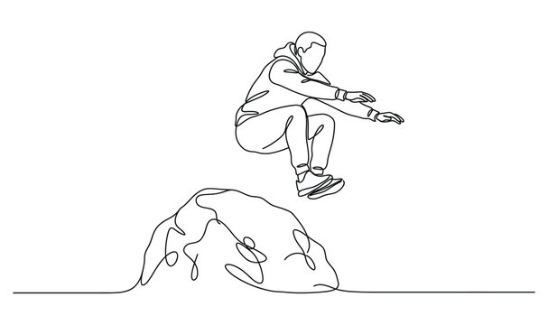 Continuous one line drawing of a person jumping over a rock.