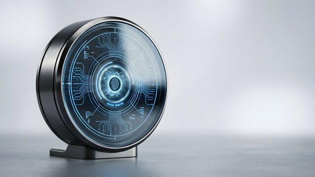 Futuristic biometric access control device with glowing digital fingerprint scanner and circuit board pattern