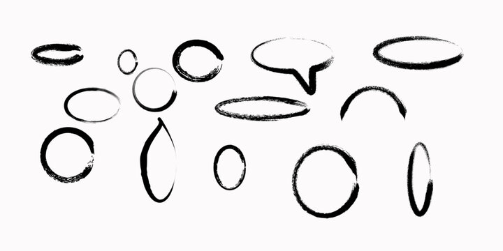 Collection of hand drawn black brushstroke circles and oval shapes on white background