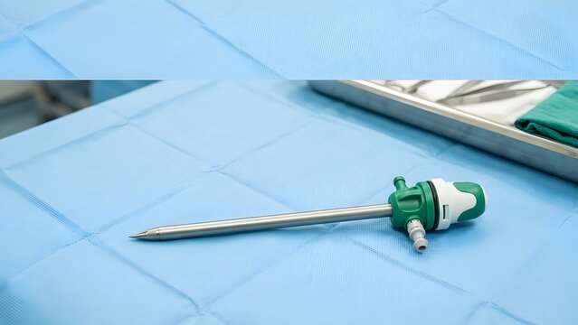 Surgical instrument, specifically a laparoscopic trocar, resting on a blue sterile surgical drape, with medical instruments in a tray in the background.