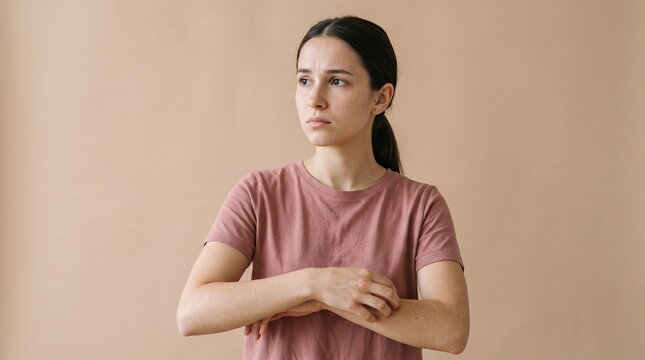 Concerned woman scratching itchy arm skin, young female with allergic reaction or eczema, person suffering from skin irritation