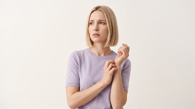 Thoughtful young blonde woman wearing a light purple sweater looking sideways with a concerned expression against a plain white background