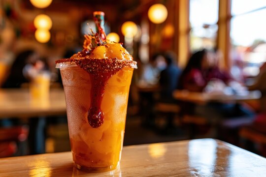 Left-focused mangonada in a clear cup amidst warm dining ambience and soft background chatter