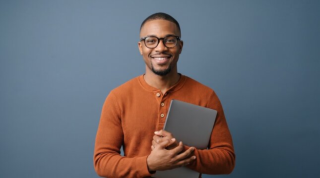 Smiling african american man wearing stylish glasses and brown sweater holds a metallic laptop against a solid grey studio background