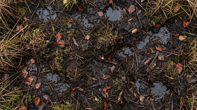 Close up view of deep animal tracks embedded in muddy marshland ground with fallen autumn leaves and scattered vegetation after recent rain