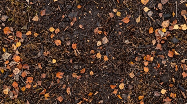 Autumnal Forest Floor Texture Featuring Scattered Fallen Birch Leaves On Dark Damp Soil and Mossy Earth