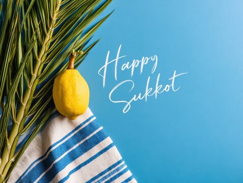Yellow lemon on towel by pool with sukkot greeting