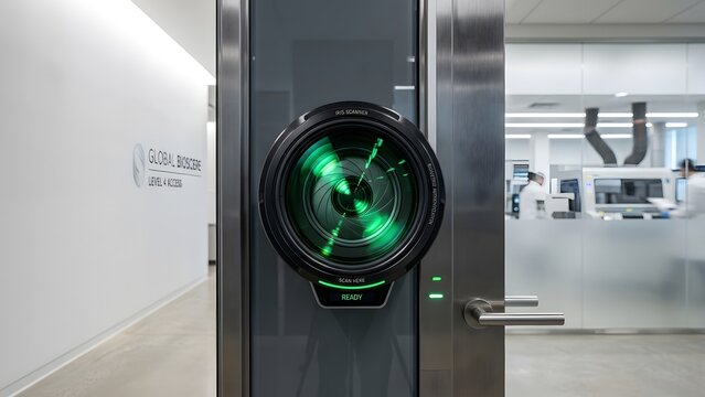 Modern laboratory access door with camera lens scanner and glowing green light for biosecurity