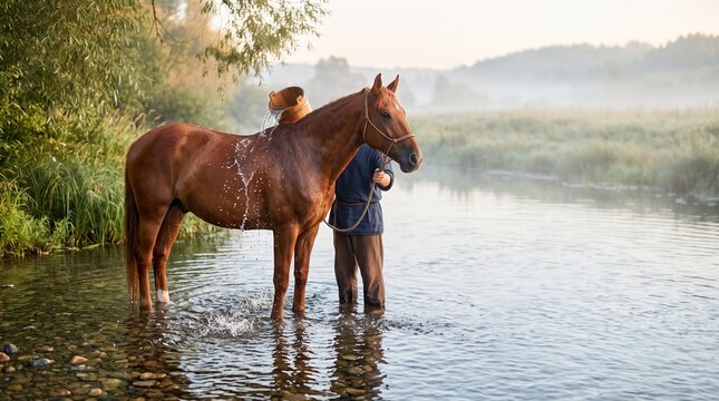 Day of the Horse Florus and Laurus celebration with man pouring water over chestnut horse in peaceful river during traditional summer ritual